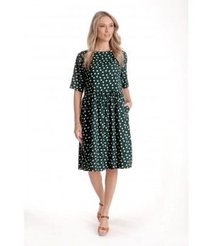 Rochie Medie Dama V273, Verde inchis cu buline albe