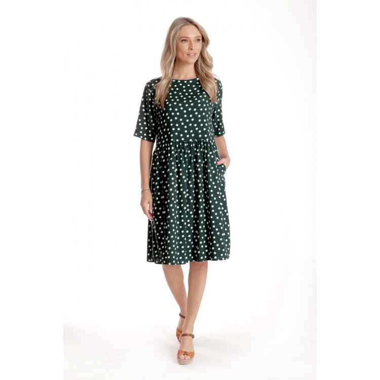 Rochie Medie Dama V273, Verde inchis cu buline albe