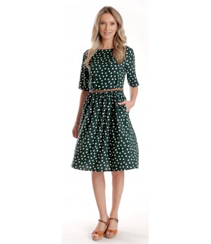 Rochie Medie Dama V273, Verde inchis cu buline albe