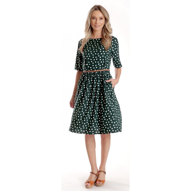 Rochie Medie Dama V273, Verde inchis cu buline albe