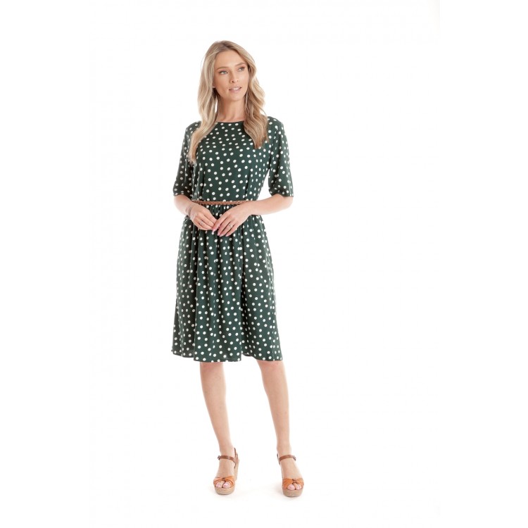 Rochie Medie Dama V273, Verde inchis cu buline albe