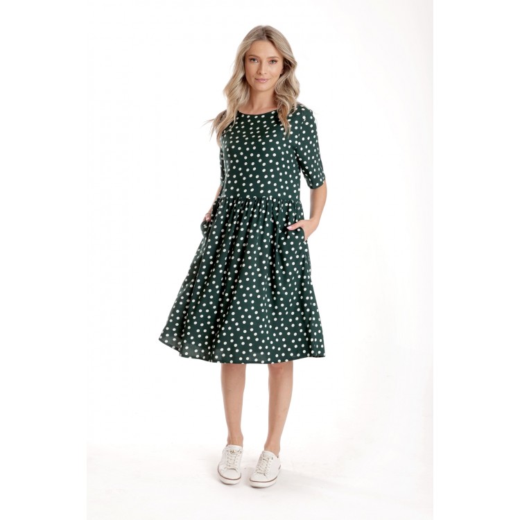 Rochie Medie Dama V273, Verde inchis cu buline albe