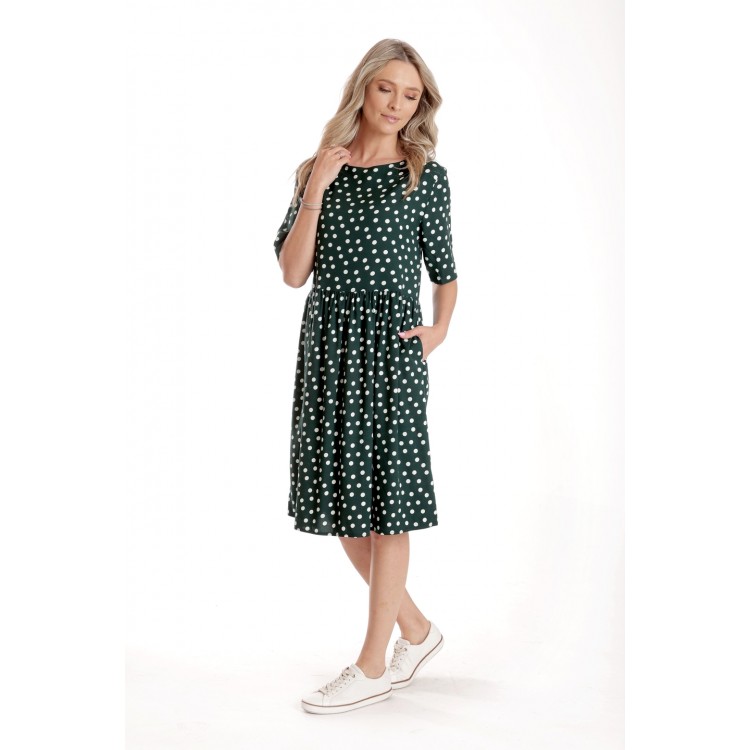 Rochie Medie Dama V273, Verde inchis cu buline albe