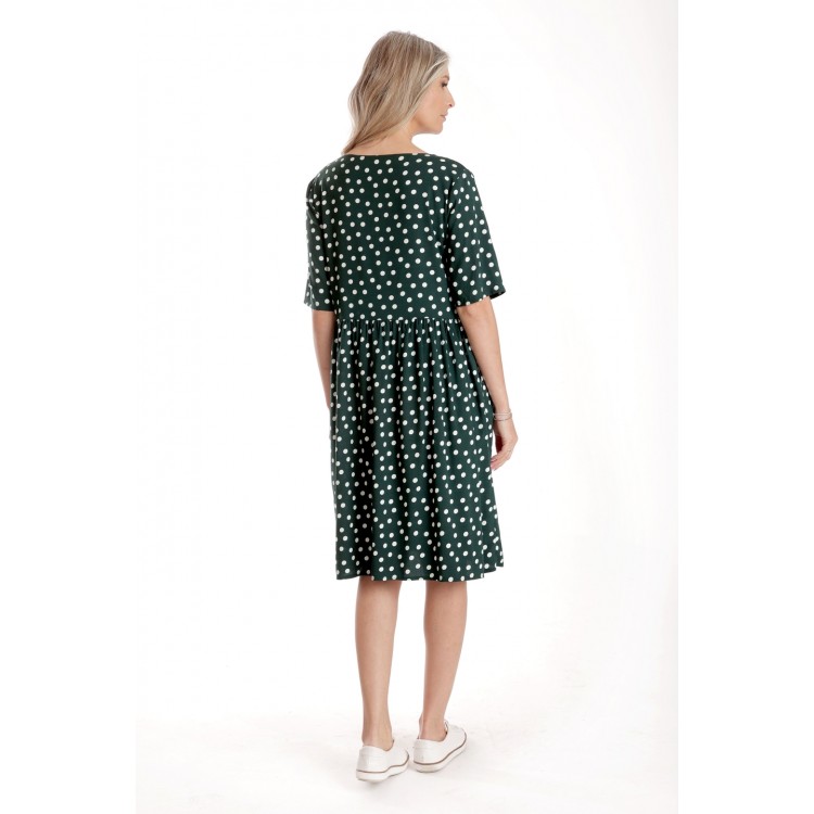 Rochie Medie Dama V273, Verde inchis cu buline albe