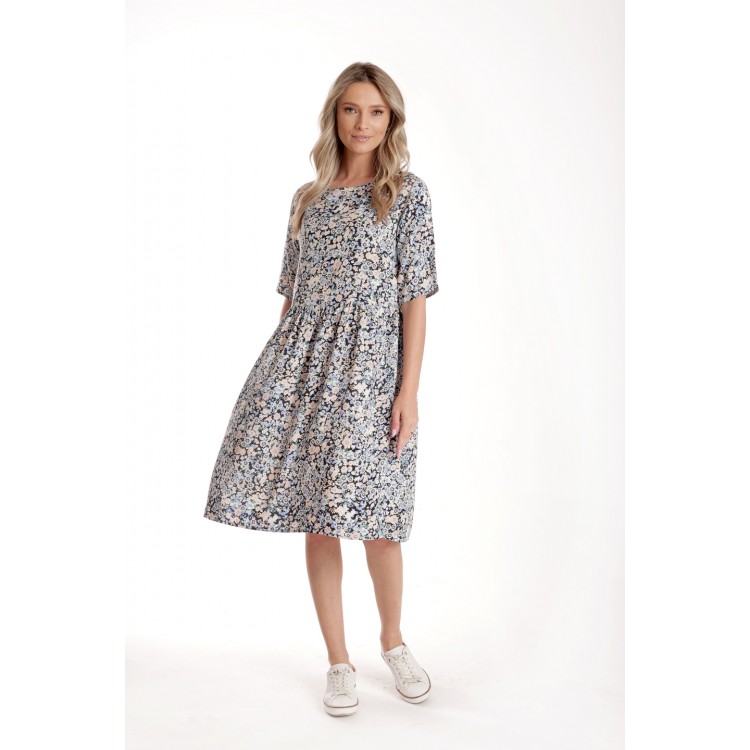 Rochie Medie Dama V274, Imprimeu MicroFloral Bleu