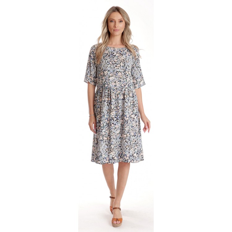 Rochie Medie Dama V274, Imprimeu MicroFloral Bleu