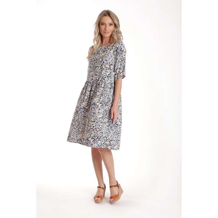 Rochie Medie Dama V274, Imprimeu MicroFloral Bleu