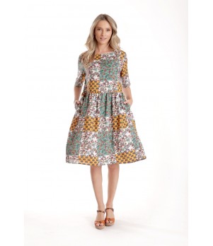 Rochie Medie Dama V275, Imprimeu Combinat Crem, Mustar si Verde
