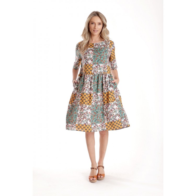 Rochie Medie Dama V275, Imprimeu Combinat Crem, Mustar si Verde