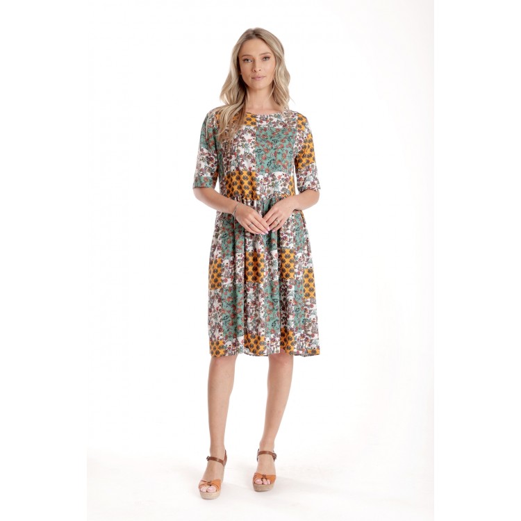 Rochie Medie Dama V275, Imprimeu Combinat Crem, Mustar si Verde
