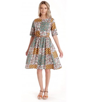 Rochie Medie Dama V275, Imprimeu Combinat Crem, Mustar si Verde