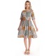 Rochie Medie Dama V275, Imprimeu Combinat Crem, Mustar si Verde
