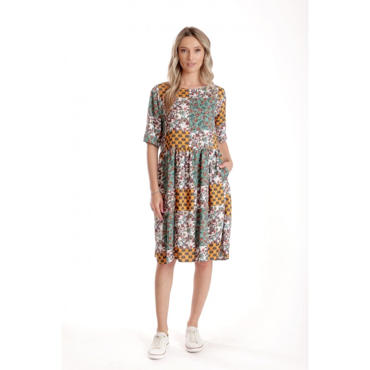 Rochie Medie Dama V275, Imprimeu Combinat Crem, Mustar si Verde