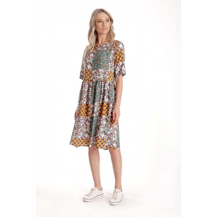 Rochie Medie Dama V275, Imprimeu Combinat Crem, Mustar si Verde
