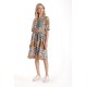 Rochie Medie Dama V275, Imprimeu Combinat Crem, Mustar si Verde