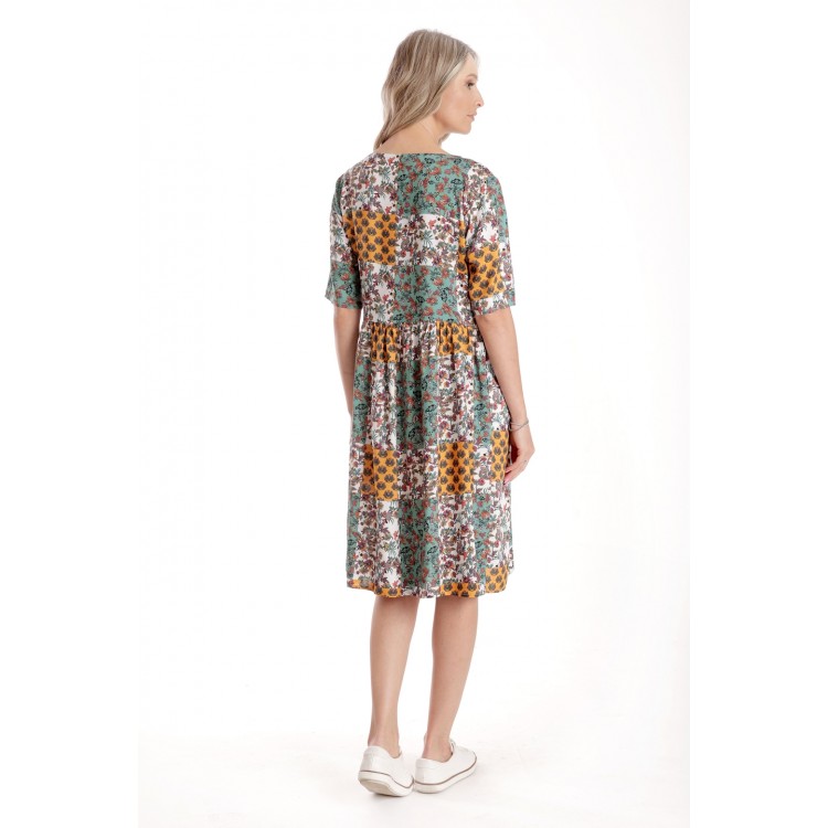 Rochie Medie Dama V275, Imprimeu Combinat Crem, Mustar si Verde