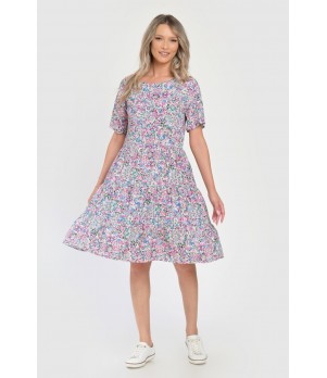 Rochie Medie Dama V283, cu Imprimeu MicroFloral Roz