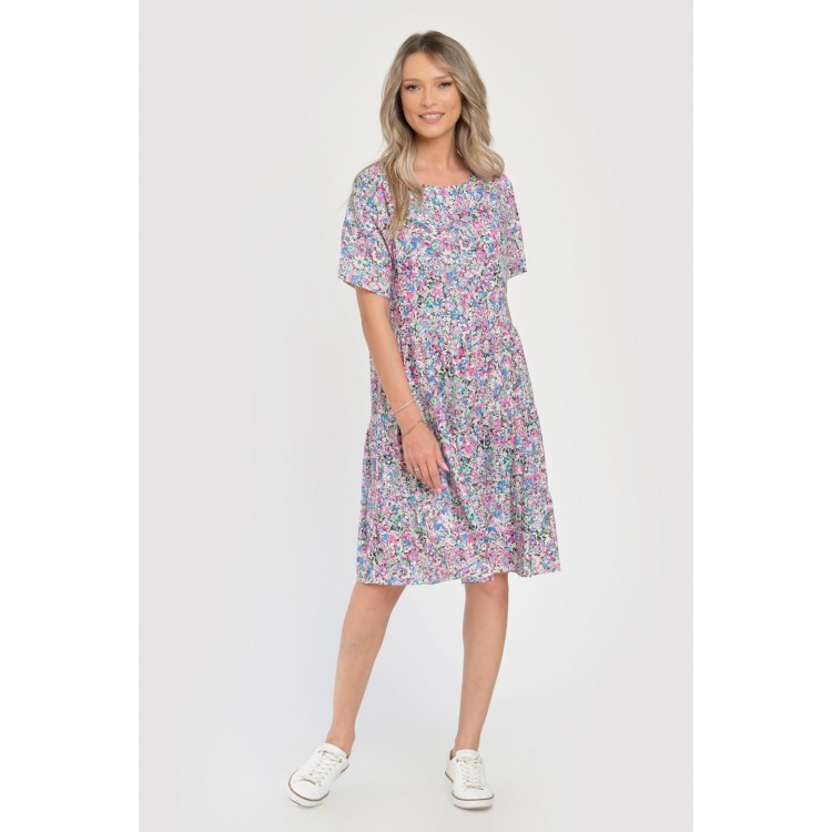 Rochie Medie Dama V283, cu Imprimeu MicroFloral Roz