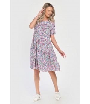 Rochie Medie Dama V283, cu Imprimeu MicroFloral Roz