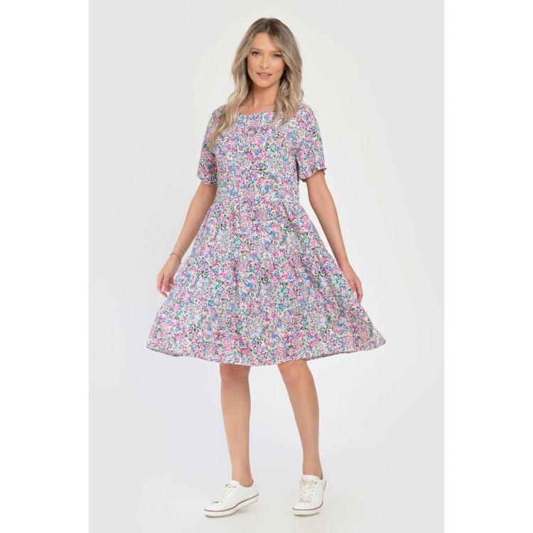 Rochie Medie Dama V283, cu Imprimeu MicroFloral Roz