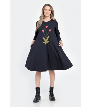 Rochie Medie Dama, Ampla, Bleumarin cu pictura realizata manual V304