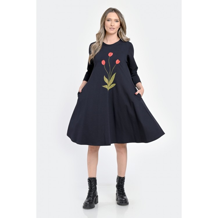 Rochie Medie Dama, Ampla, Bleumarin cu pictura realizata manual V304