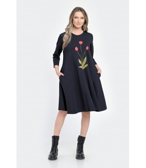 Rochie Medie Dama, Ampla, Bleumarin cu pictura realizata manual V304