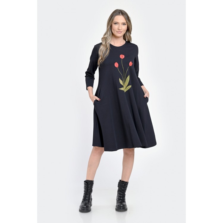 Rochie Medie Dama, Ampla, Bleumarin cu pictura realizata manual V304