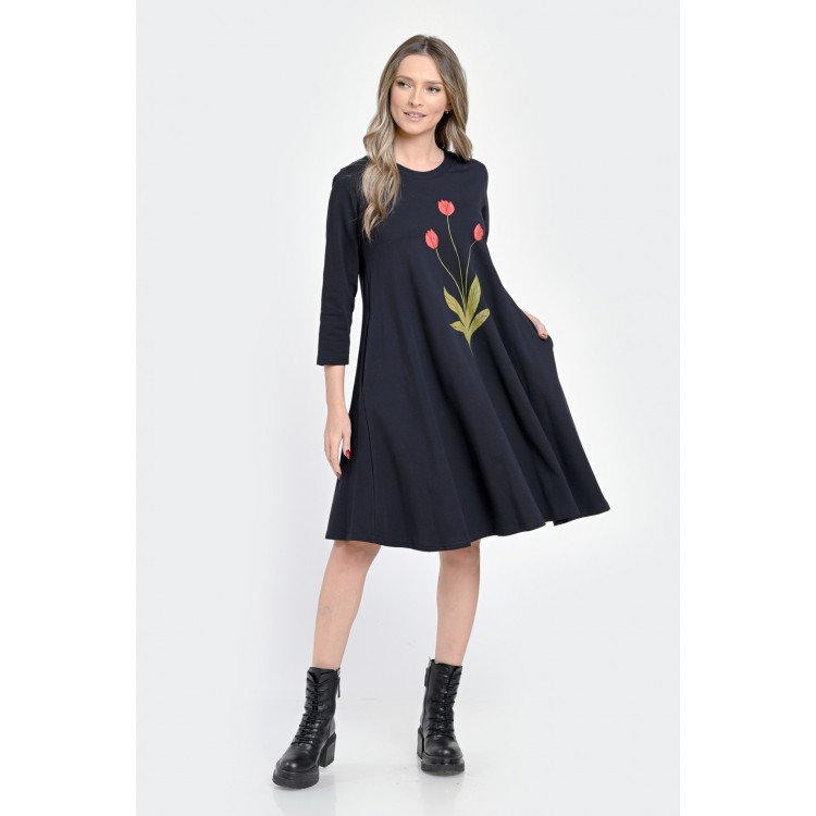 Rochie Medie Dama, Ampla, Bleumarin cu pictura realizata manual V304