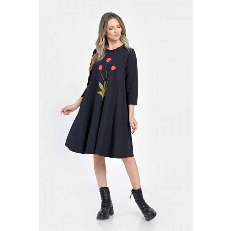 Rochie Medie Dama, Ampla, Bleumarin cu pictura realizata manual V304
