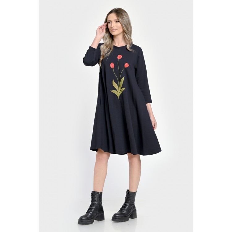 Rochie Medie Dama, Ampla, Bleumarin cu pictura realizata manual V304