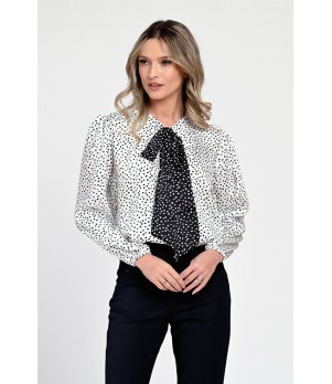 Bluza Dama din Satin, Alba cu puncte negre, Eleganta cu Funda V305