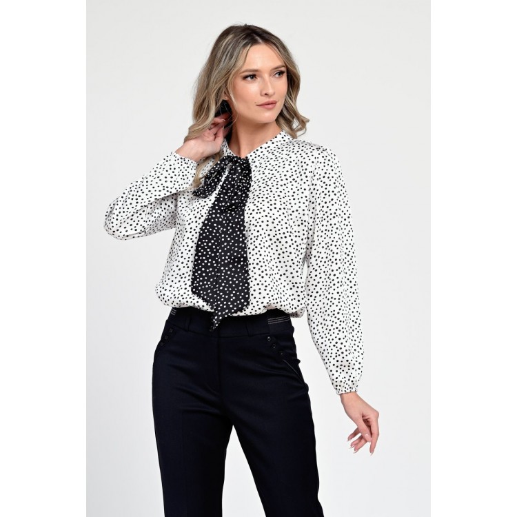 Bluza Dama din Satin, Alba cu puncte negre, Eleganta cu Funda V305