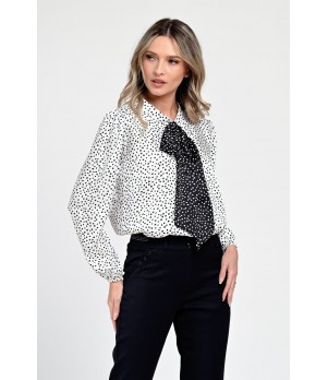 Bluza Dama din Satin, Alba cu puncte negre, Eleganta cu Funda V305