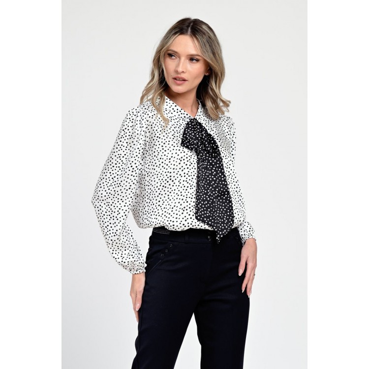 Bluza Dama din Satin, Alba cu puncte negre, Eleganta cu Funda V305
