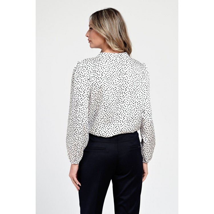 Bluza Dama din Satin, Alba cu puncte negre, Eleganta cu Funda V305