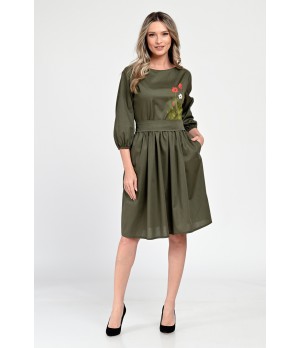 Rochie Medie Dama V310, Pictata manual, Kaki cu model floral
