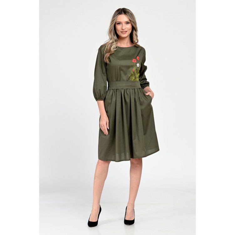 Rochie Medie Dama V310, Pictata manual, Kaki cu model floral