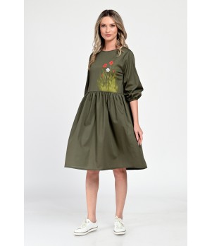 Rochie Medie Dama V310, Pictata manual, Kaki cu model floral