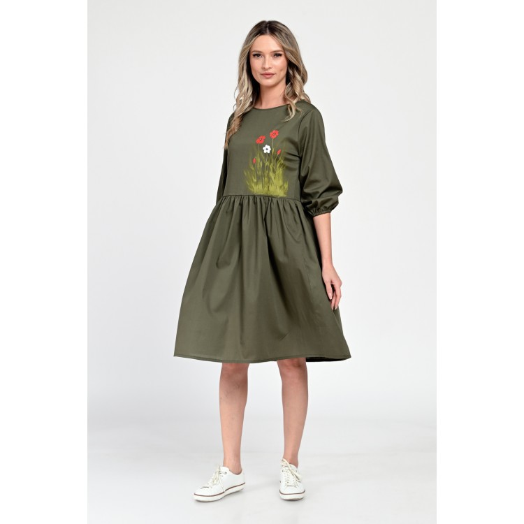 Rochie Medie Dama V310, Pictata manual, Kaki cu model floral