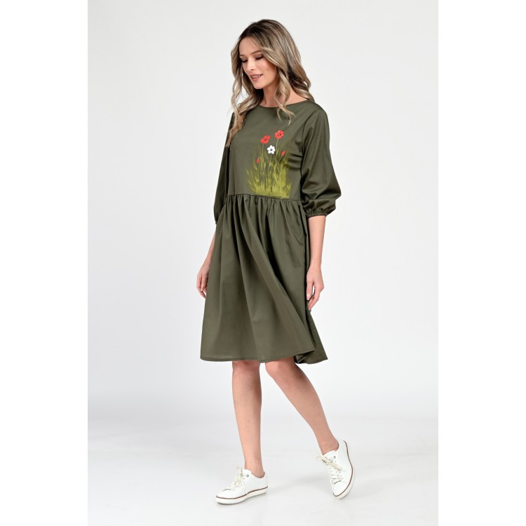 Rochie Medie Dama V310, Pictata manual, Kaki cu model floral