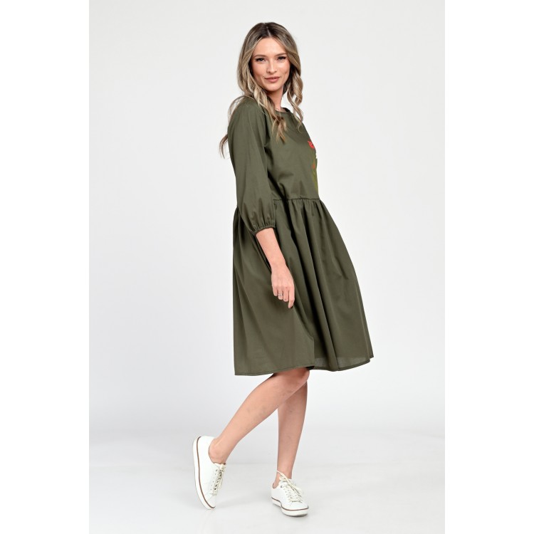 Rochie Medie Dama V310, Pictata manual, Kaki cu model floral