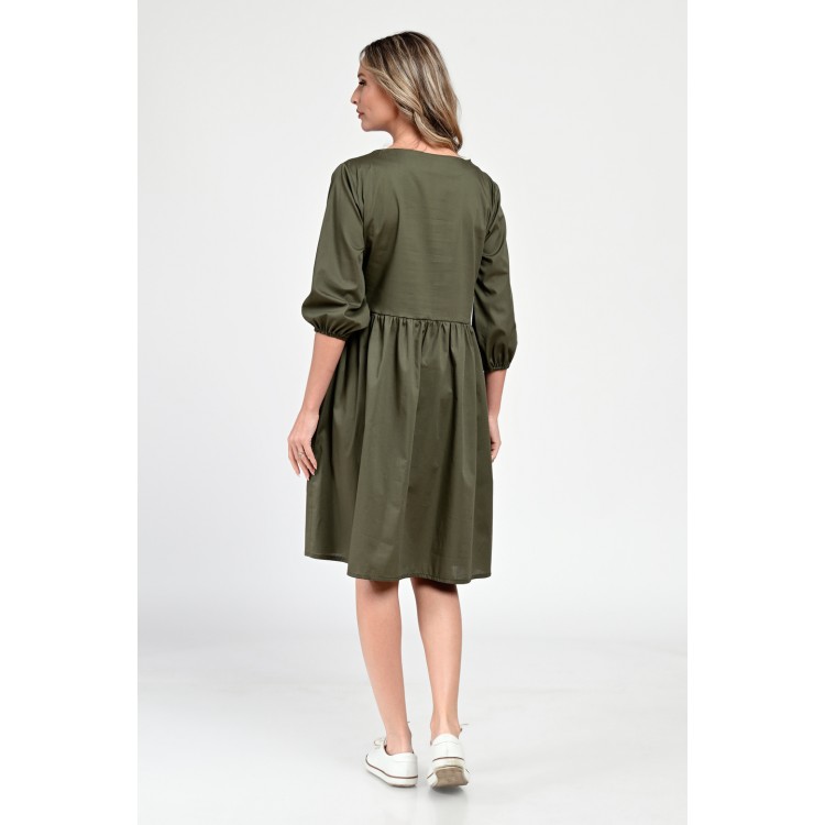 Rochie Medie Dama V310, Pictata manual, Kaki cu model floral