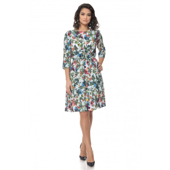 Rochie Multicolor cu snur in talie si model floral Rochie Multicolor cu snur in talie si model floral