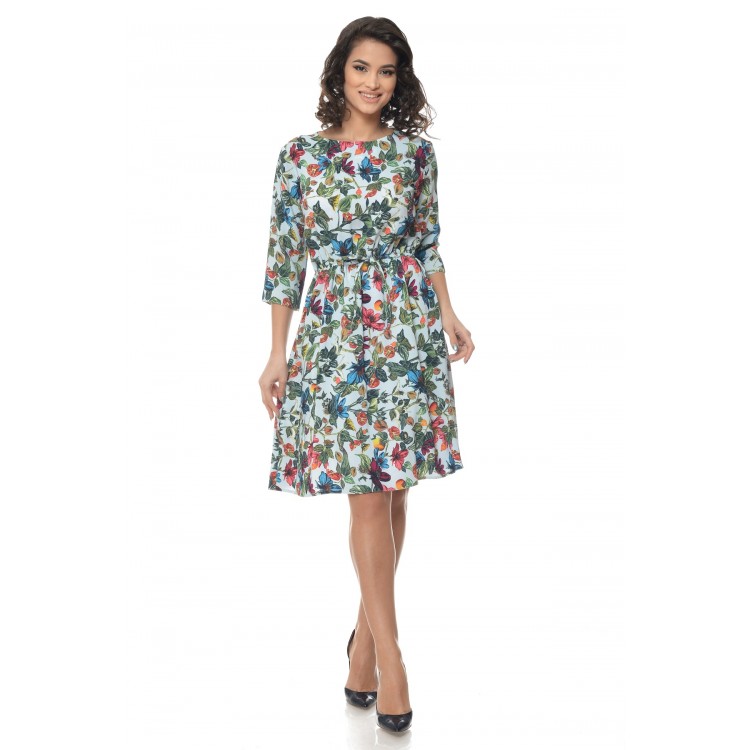 Rochie Multicolor cu snur in talie si model floral Rochie Multicolor cu snur in talie si model floral