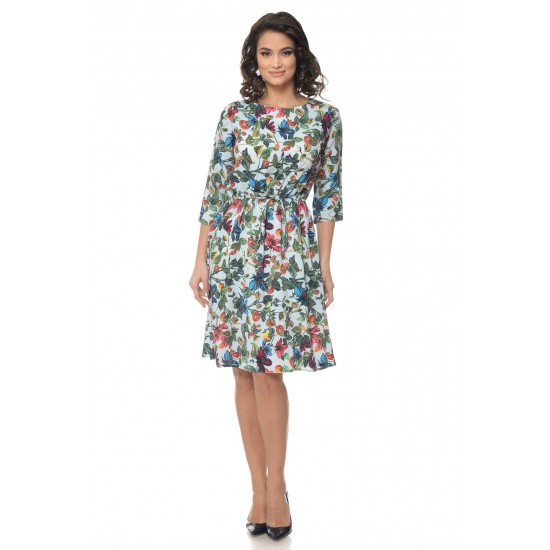 Rochie Multicolor cu snur in talie si model floral Rochie Multicolor cu snur in talie si model floral