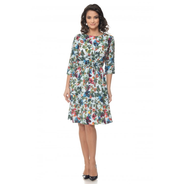 Rochie Multicolor cu snur in talie si model floral Rochie Multicolor cu snur in talie si model floral