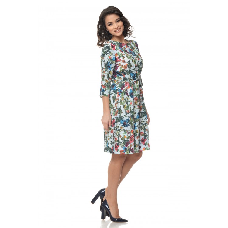 Rochie Multicolor cu snur in talie si model floral Rochie Multicolor cu snur in talie si model floral