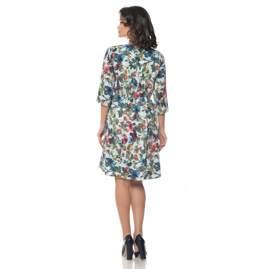 Rochie Multicolor cu snur in talie si model floral Rochie Multicolor cu snur in talie si model floral