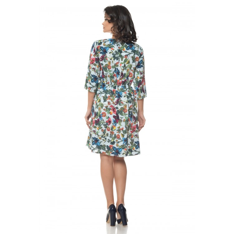 Rochie Multicolor cu snur in talie si model floral Rochie Multicolor cu snur in talie si model floral